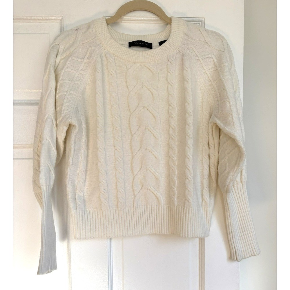 Tahari Womens Cream Cable Knit Raglan Sleeve Crew Neck Sweater XS White